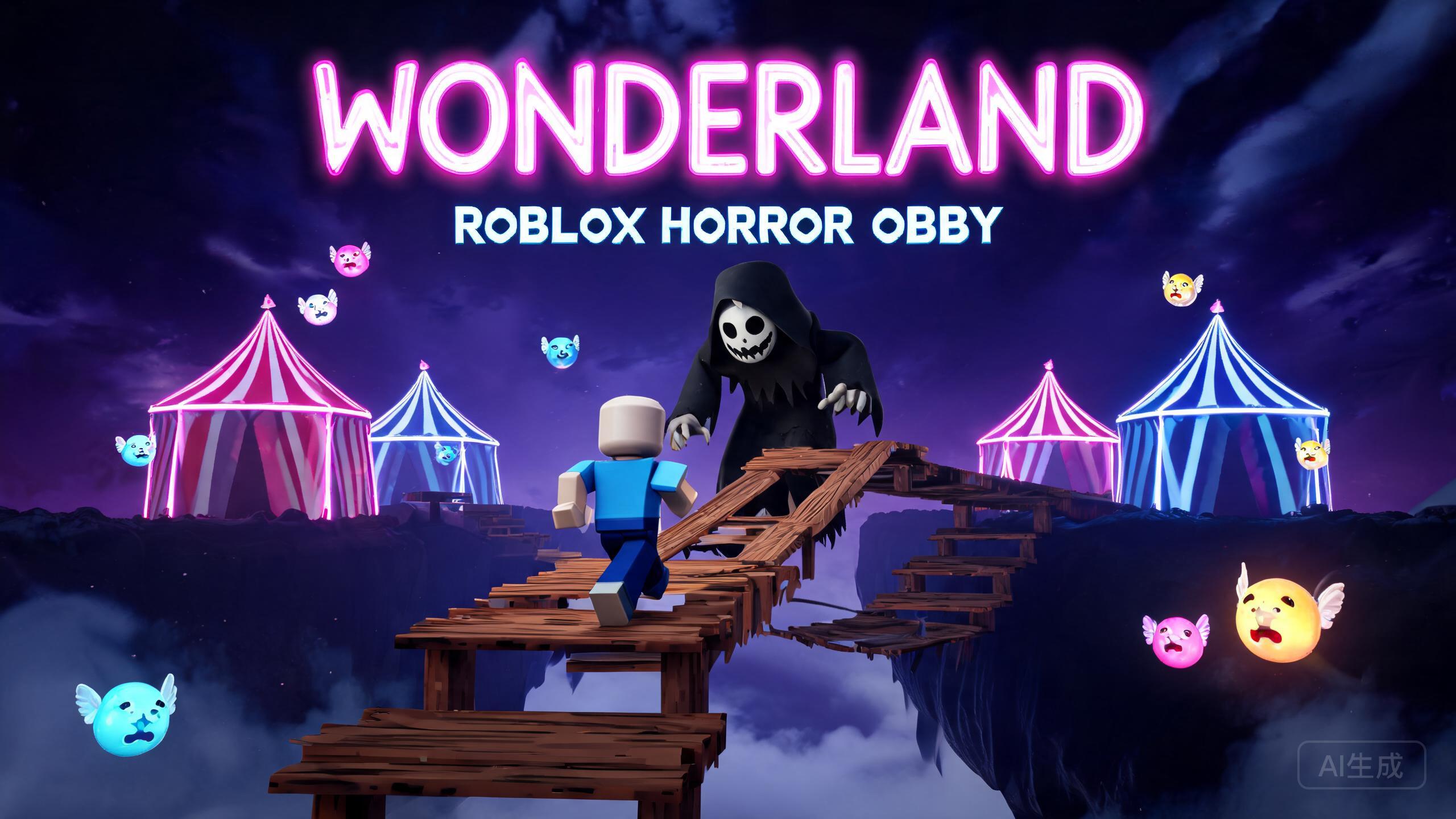 The Wonderland obby obstacle course with floating platforms in a carnival